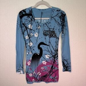 Christian Audigier Y2K Crystal Rock Top Womens Small Crane Blossom Tunic Shirt